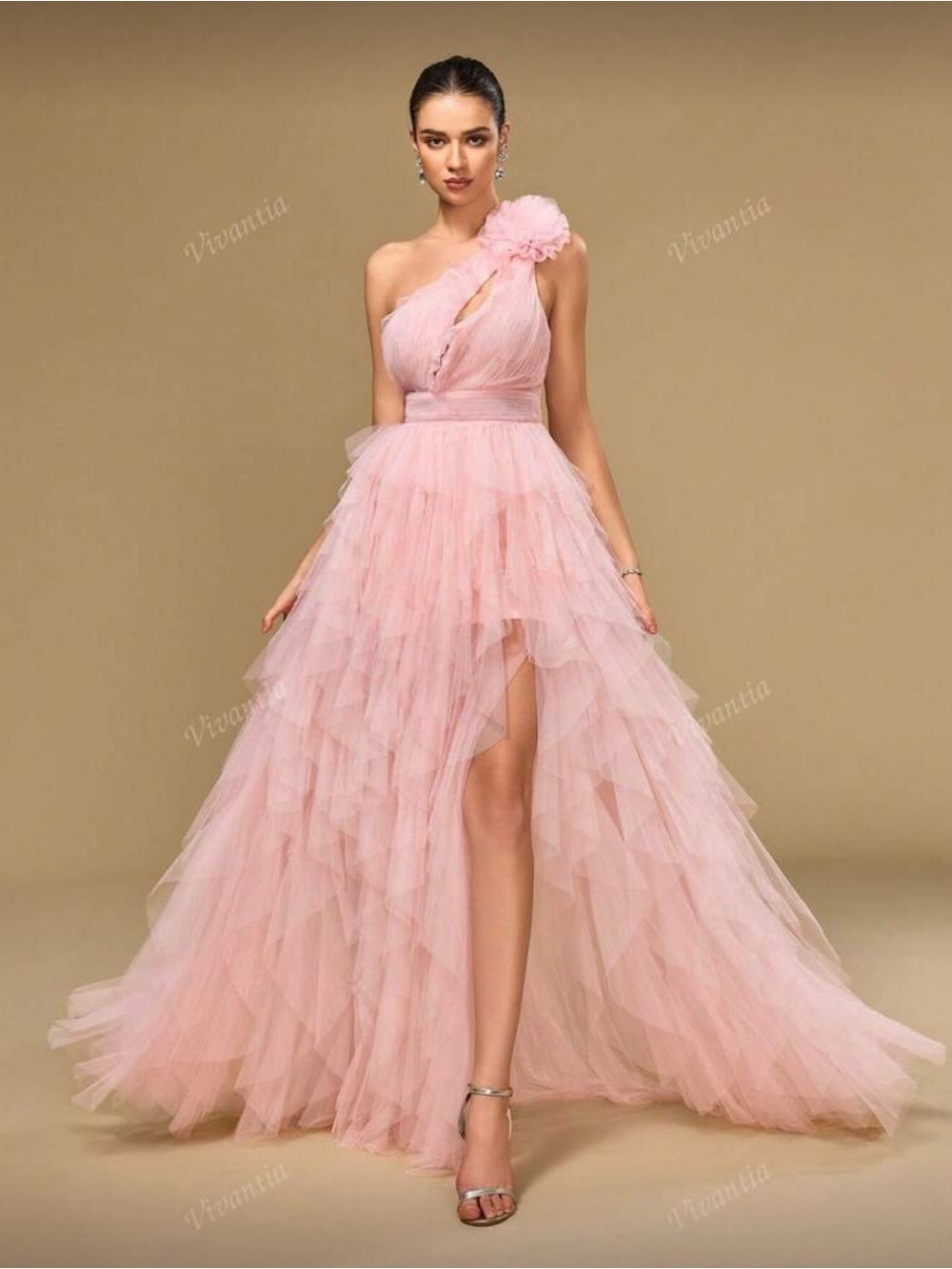 SHEIN Blush Pink One-Shoulder Tulle Ruffle Gown